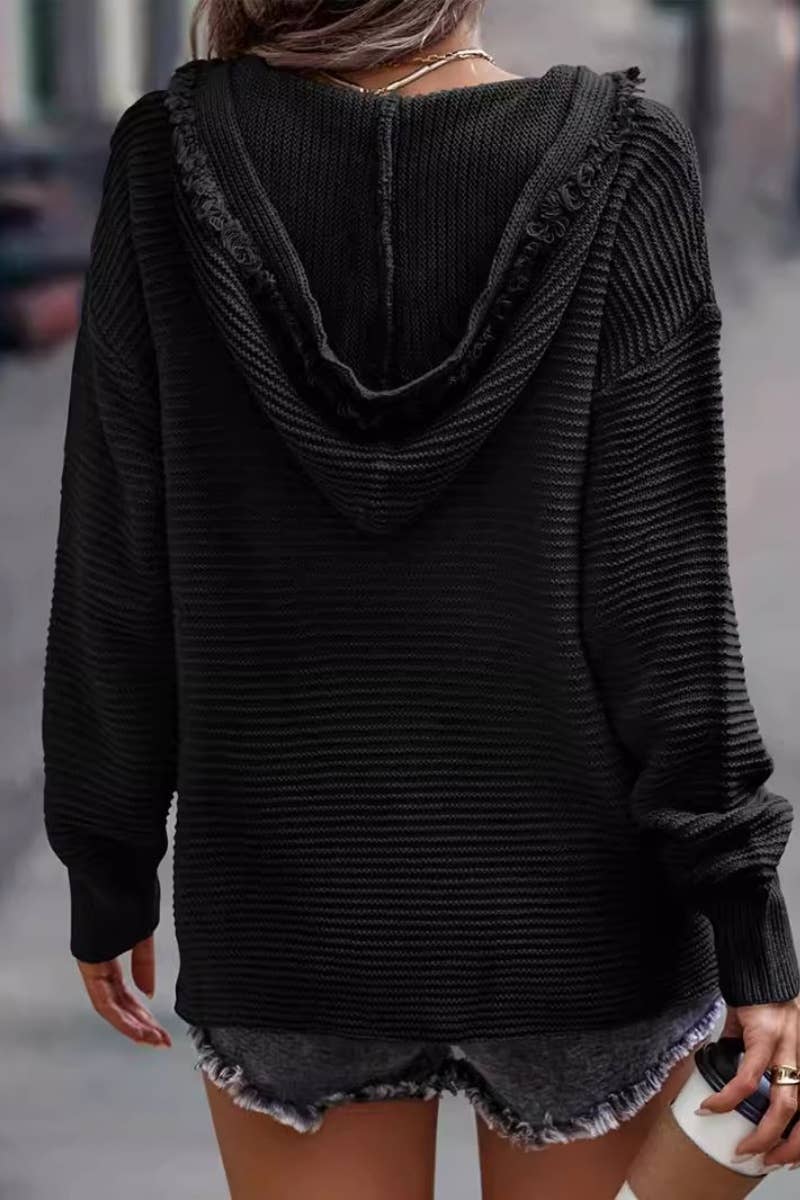 CWOHOL1038_V-NECK HOODED LONG-SLEEVED FUR-TRIMMED HOODIE