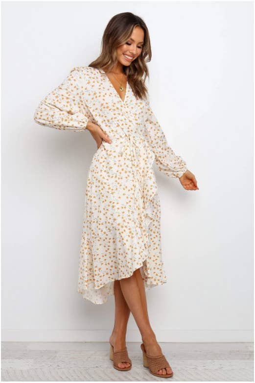 Floral sweet fashion ruffled long sleeve dress