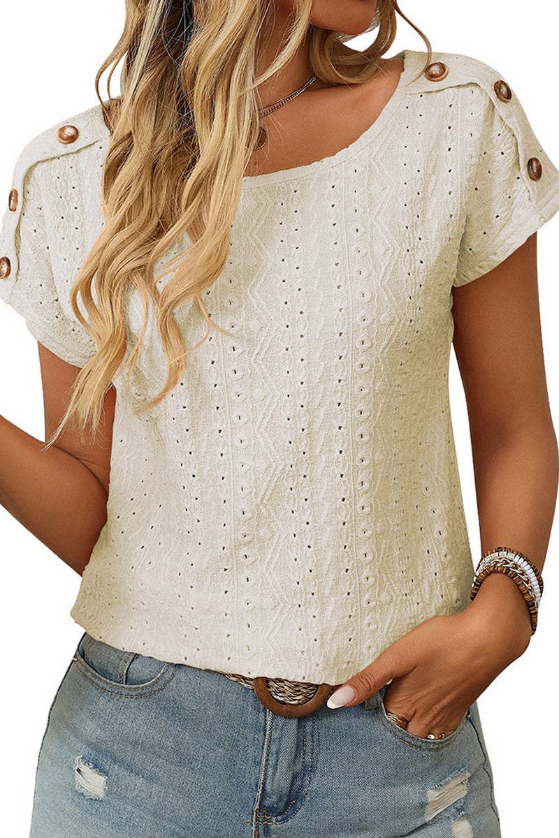 CWTBLS1709_ROUND NECK BUTTON SHORT SLEEVE CUTOUT TOP
