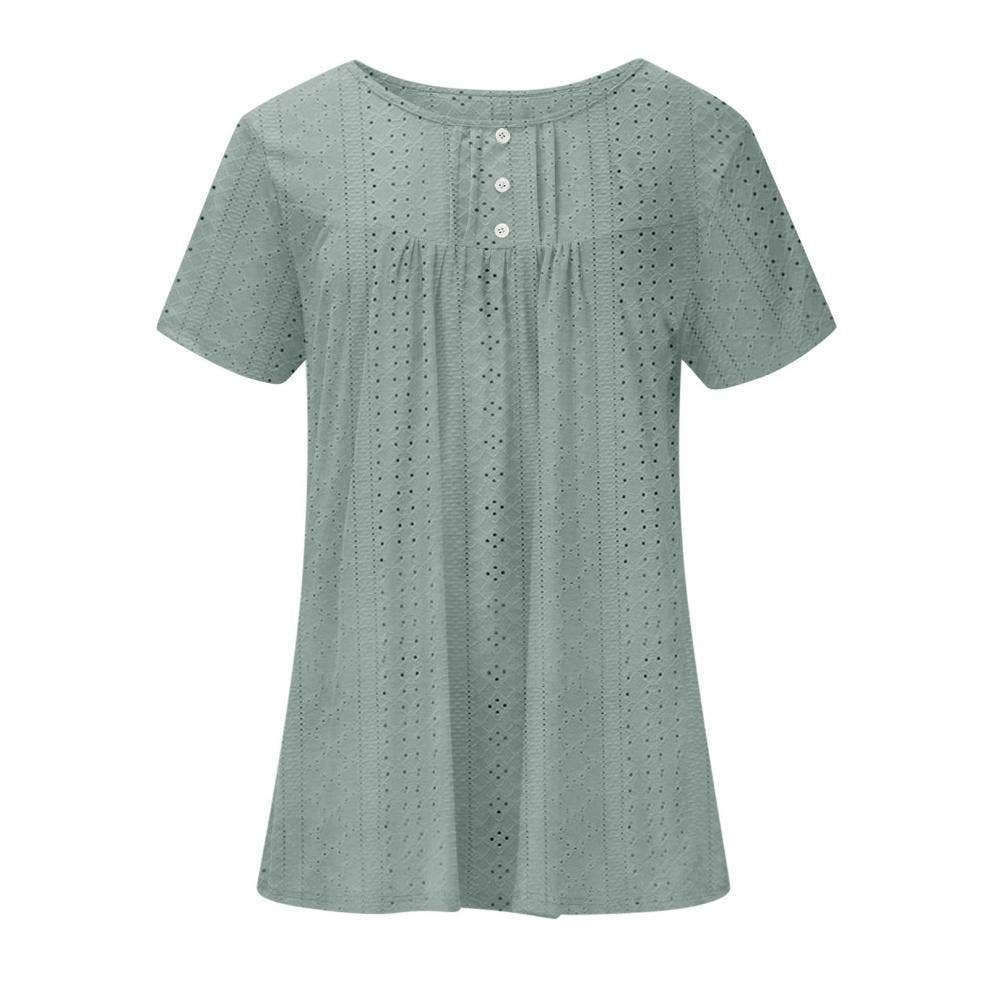 Crew-neck pleated button solid color ripped shirt