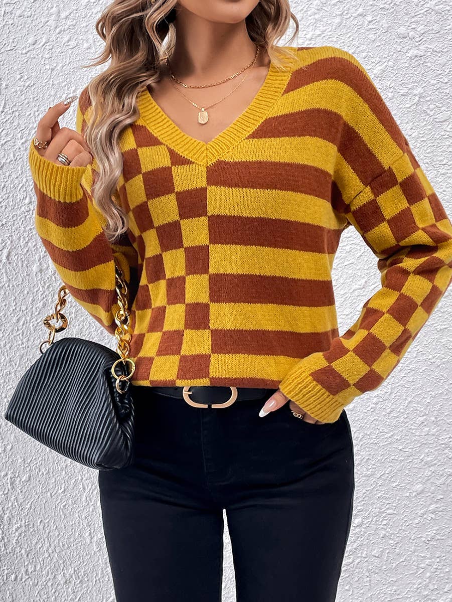 DESIGN SENSE V-NECK SIMPLE STRIPED CHECK SWEATER