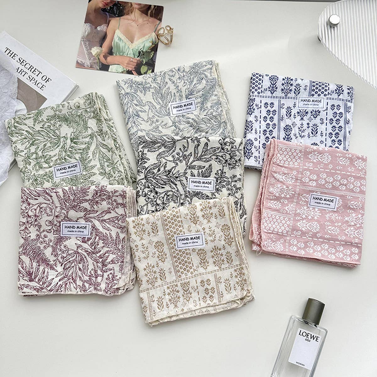 Floral Cotton Linen Square Scarf for Women