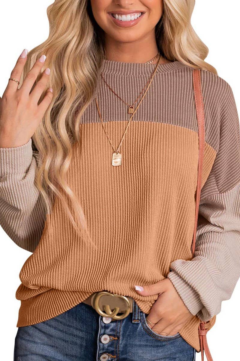 CWTBLL1828_ROUND NECK TWISTED STRIPE COLOR BLOCK LOOSE TOP