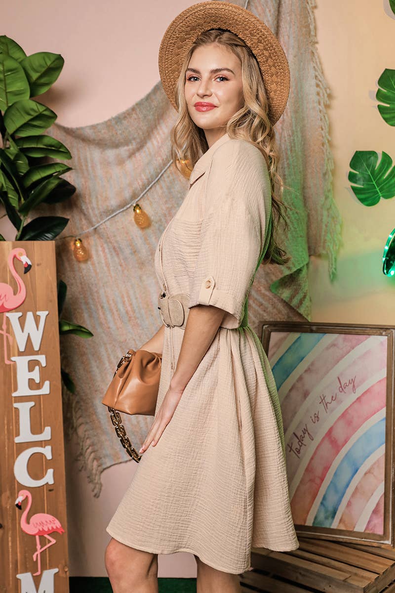 CWDSD10407_SHORT SLEEVE BUTTON DOWN MINI SHIRTS DRESS