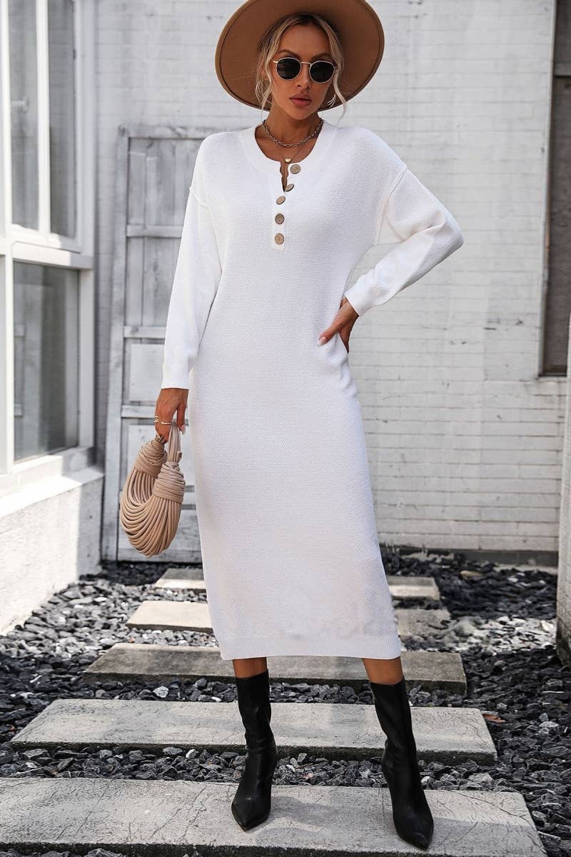 CWDMD538  Long Sleeve Loose V-Neck Button Tops Long Sweater