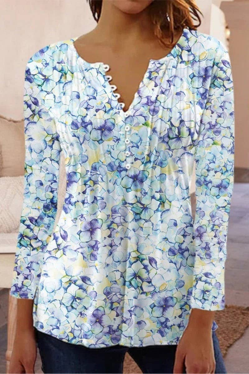CWTTS1452_SPRING AND SUMMER V-NECK FLORAL BOTTOMING SHIRT