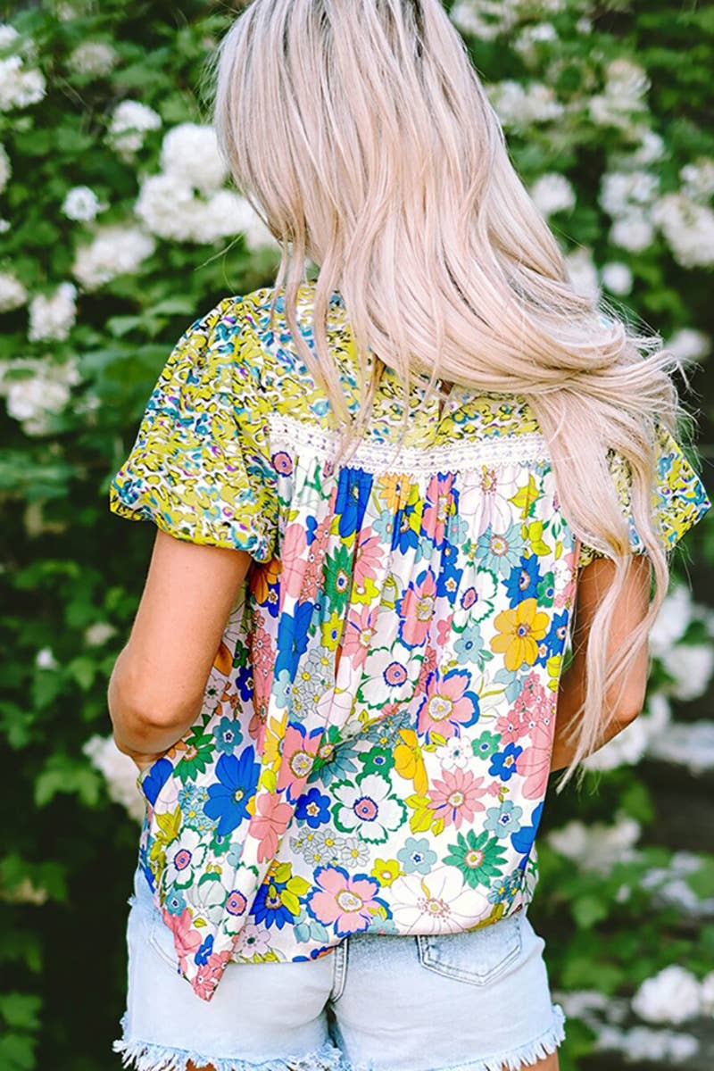 CWTBLS1259_SHORT-SLEEVED FLORAL PRINT CREW-NECK TOP