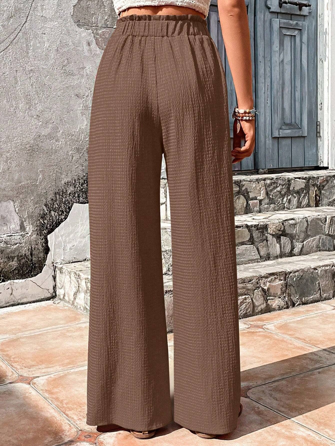ASSORTED BUBBLE PLAID CASUAL WIDE-LEG PANTS