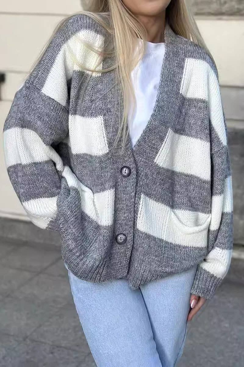 Color contrast striped loose sweater cardigan