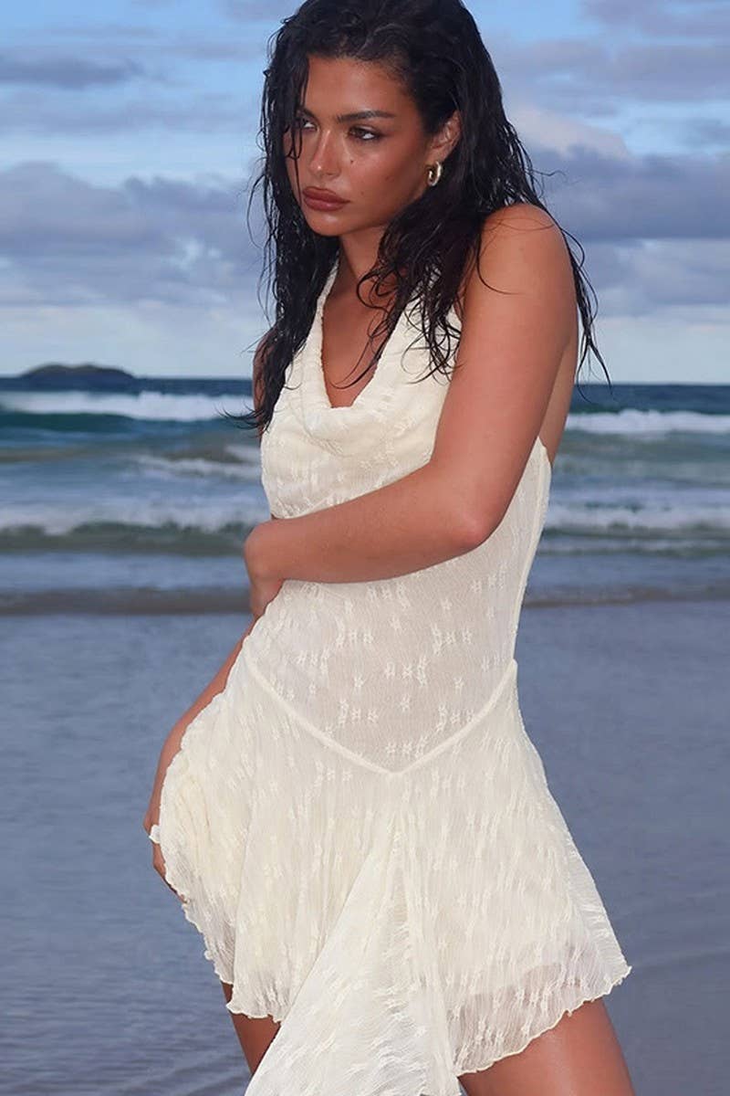 CWDHL0781_SEXY BACKLESS HALTER LACE MINI DRESS