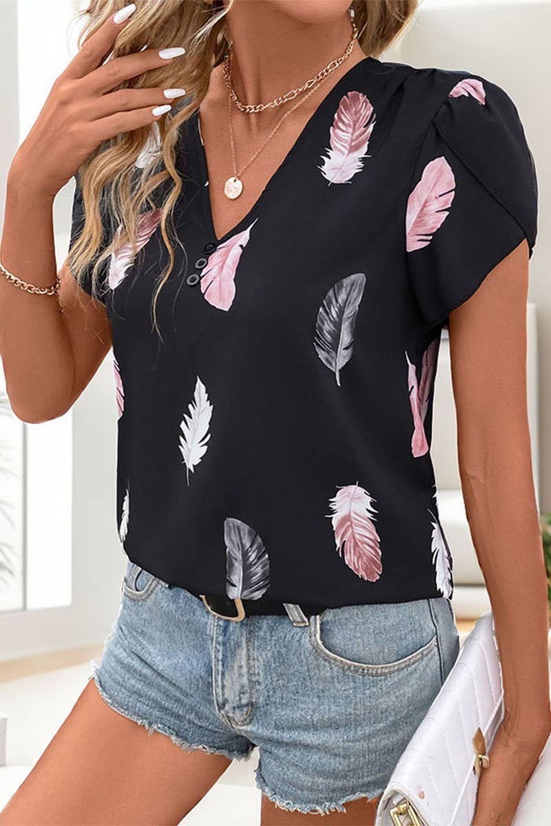 CWTBLS0969_V-NECK FEATHER PRINT SHIRT