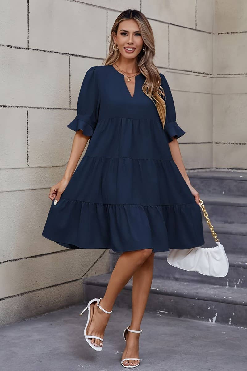 CWDSD10631_FASHIONABLE V-NECK SOLID COLOR LOOSE DRESS
