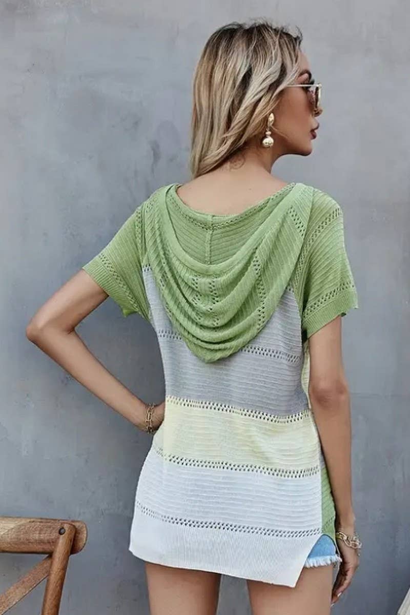 CWTTS1304_SPRING AND SUMMER STRIPED HOODED T-SHIRT