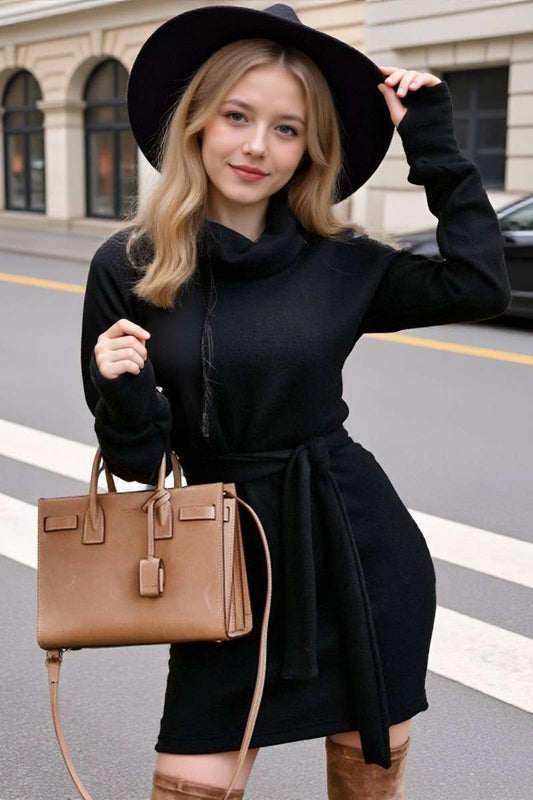 CWDSD10863_SOLID COLOR HIGH COLLAR WAIST KNITTED DRESS