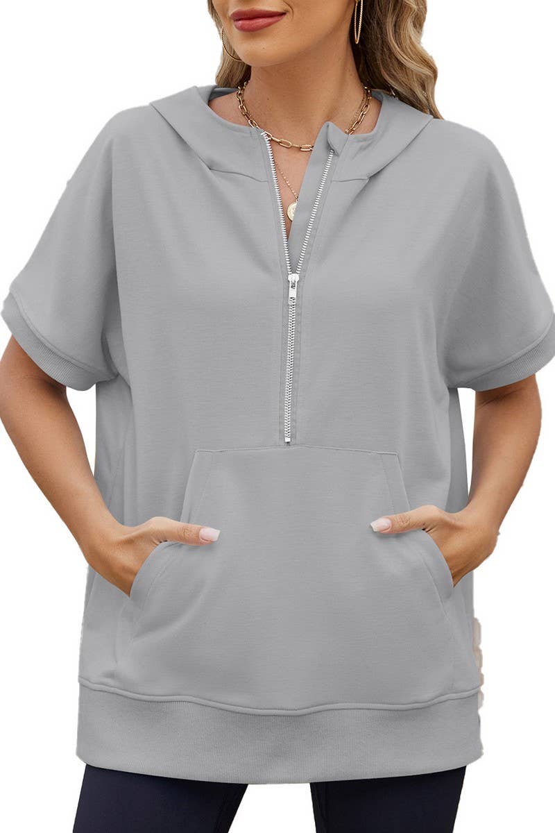CWOHOS0018_LOOSE FIT ZIPPER SHORT SLEEVE HOODED SWEATSHIRT