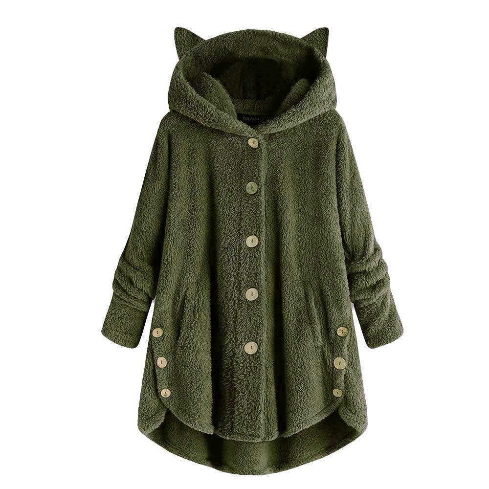 BUTTON-UP HOODED CAT EARS PLUSH SOLID COAT