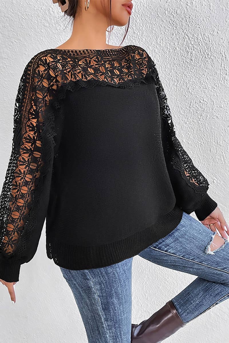 CWOSWL6726_CUT-OUT LACE LACE PATCHWORK LONG-SLEEVED SWEATER