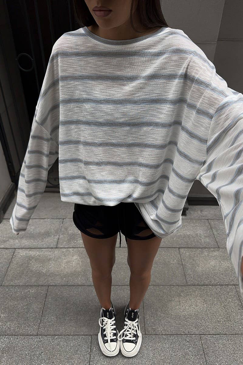 CWTBLL00601_LOOSE CREW NECK STRIPED SEMI-SHEER T-SHIRT