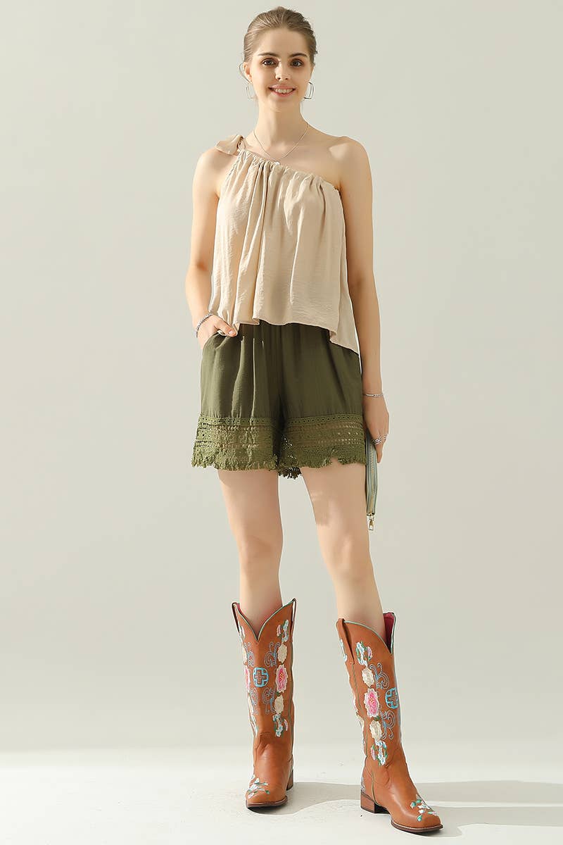 CWTHT028_ONE SHOULDER BOW TIE STRAP SATIN SILK BLOUS TOP