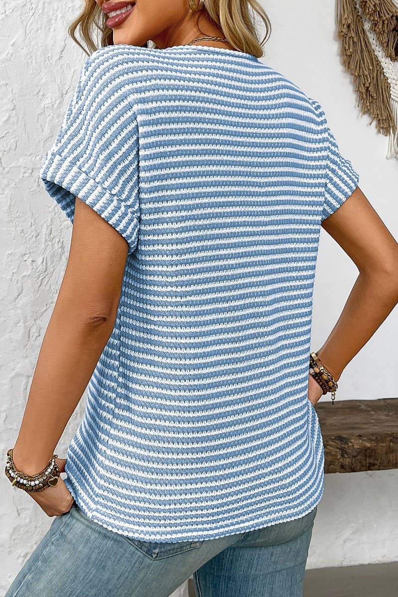CWTBLS1622_V-NECK LOOSE STRIPED PULLOVER SHORT-SLEEVED TOP