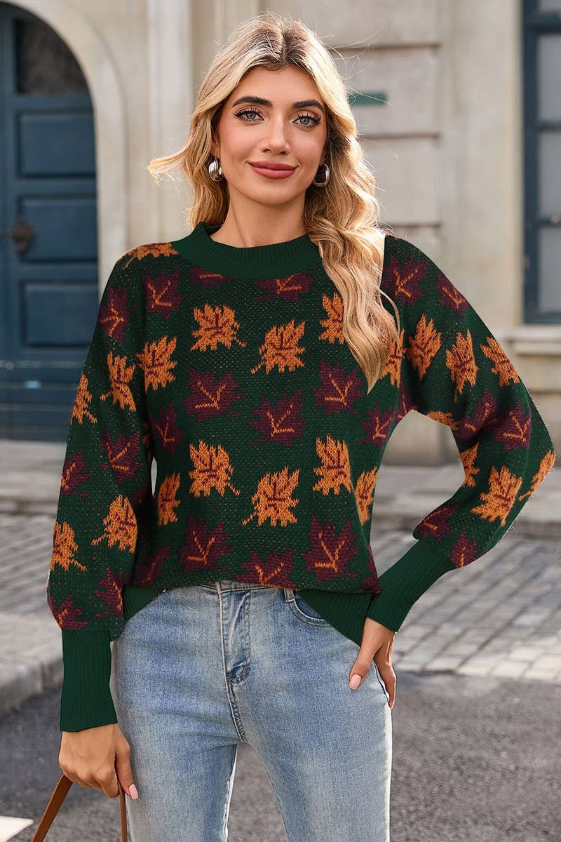 CWOSWL07299_CASUAL CREWNECK JACQUARD KNIT SWEATER WITH LEAF