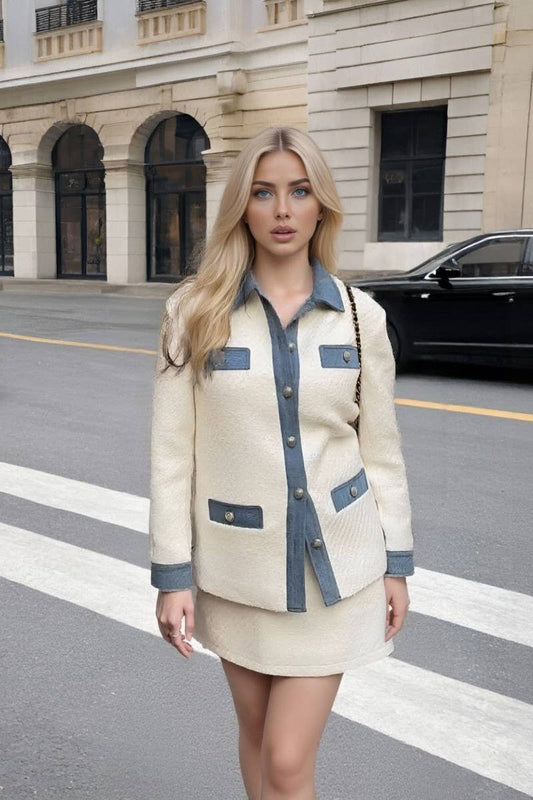 CWOCO1278_OFF-WHITE TWEED LAPEL PATCHWORK TOP JACKET