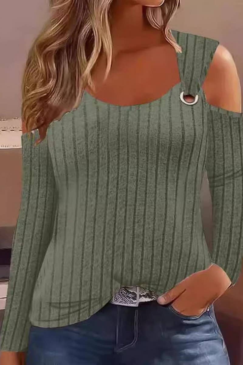 CWTBLL2862_SOLID COLOR V-NECK METAL BUTTONED LONGSLEEVED TOP