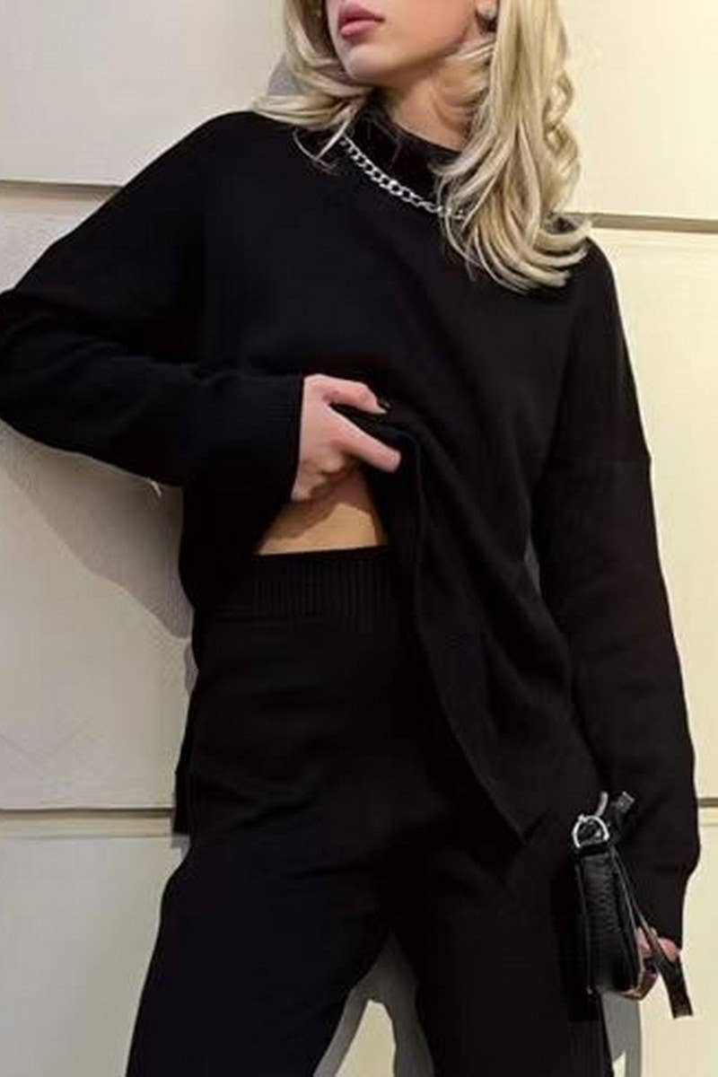 CWOSWL07651_SOLID COLOR HIGH COLLAR SLIT KNITTED TOP