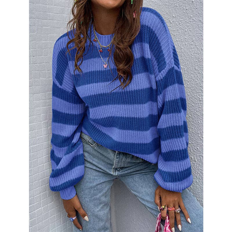 COLOR CONTRAST STRIPED CREW NECK LOOSE KNIT TOP