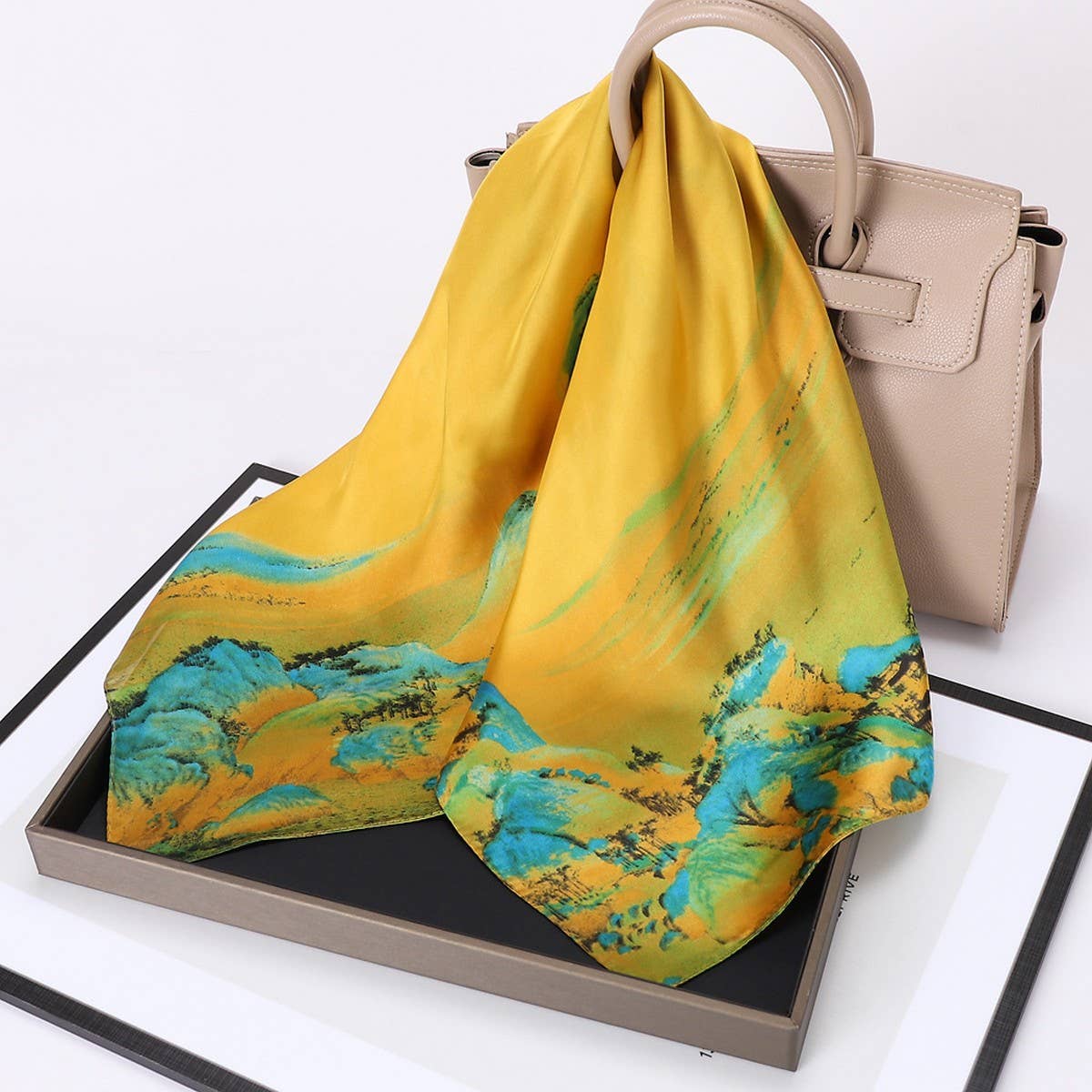 Vintage Letter Print Satin Square Scarf for Women