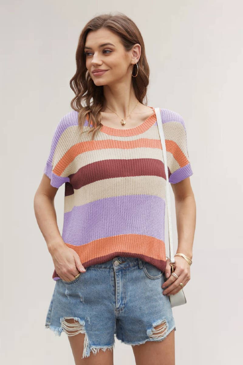 CWTBLS0761_CREW-NECK PATCHWORK STRIPED SHORT-SLEEVED TOP