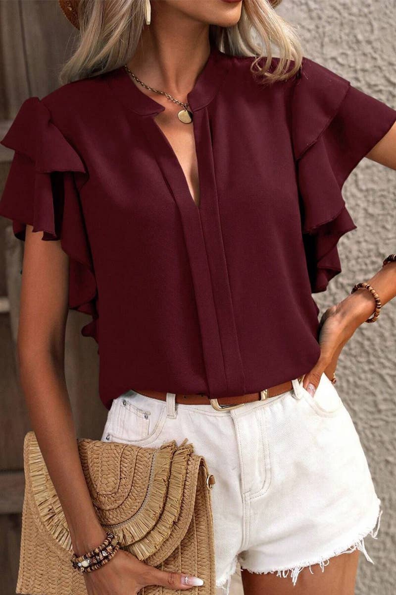 CWTSTS0666_SUMMER V-NECK CASUAL RUFFLE SLEEVE SHIRT