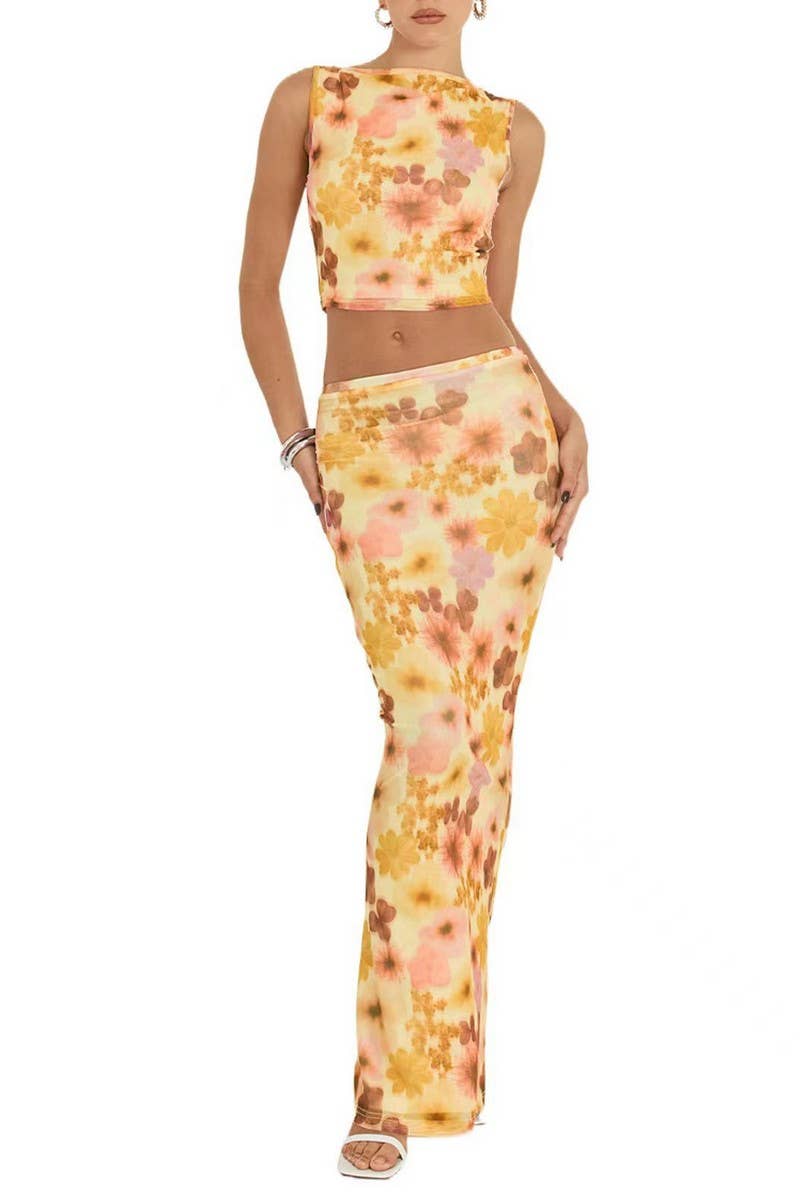 CWSTB1951_SLEEVELESS MESH FLORAL PRINT SKIRT SET