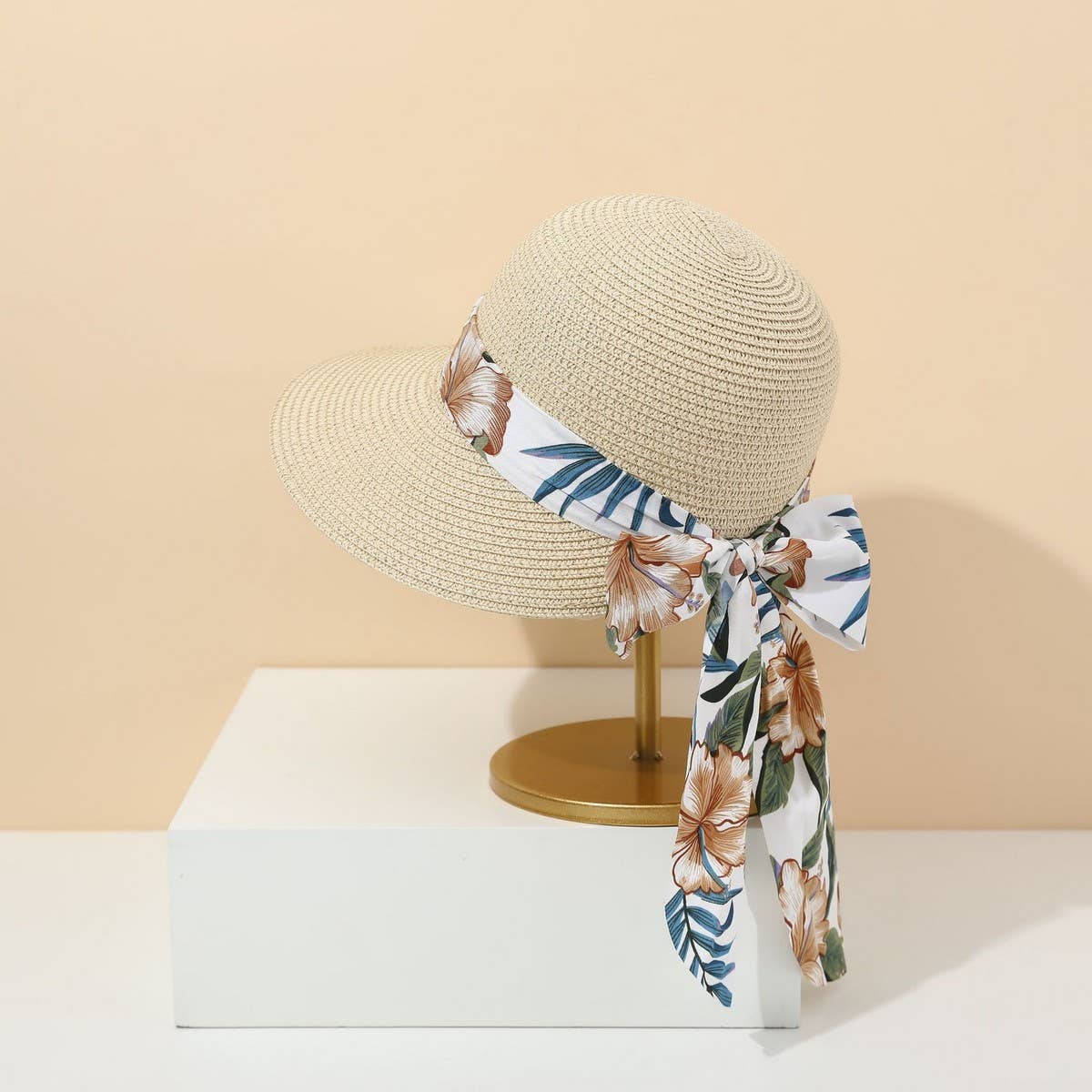 Fashion bow ribbon wide brim straw hat_CWAH3471