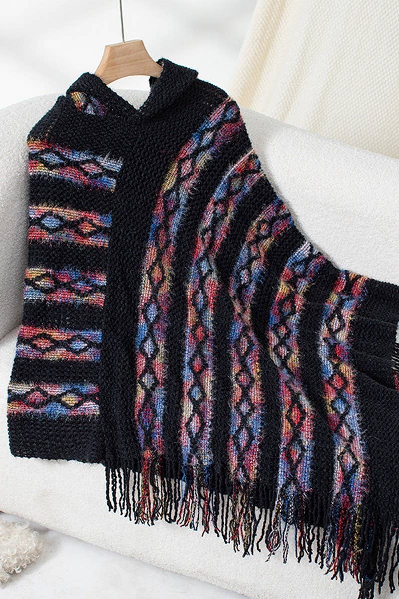 CWOSWS0091_STRIPED HOODED KNITTED FRINGED CAPE SHAWL