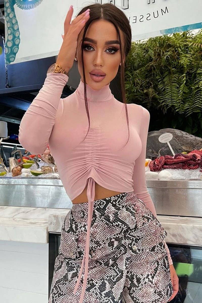 CWTBLL3773_PLEATED MIDRIFF-EXPOSED MOCK NECK LONG SLEEVE TOP