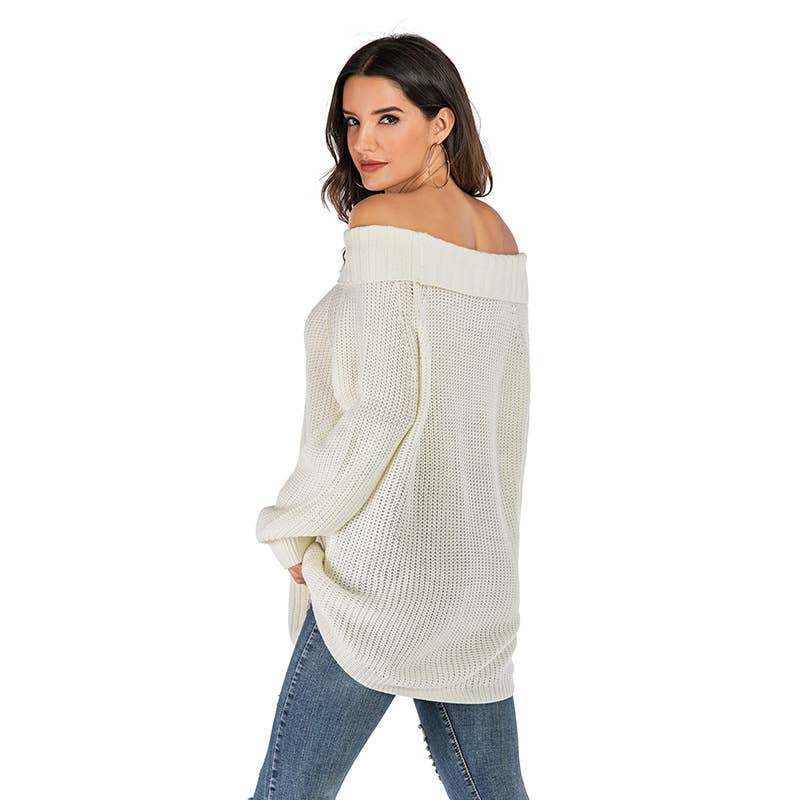 BAT-SLEEVED LINE-NECK SOLID COLOR BASE SWEATER