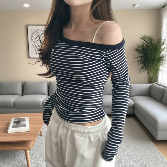Color-blocking striped fitted long-sleeved Top