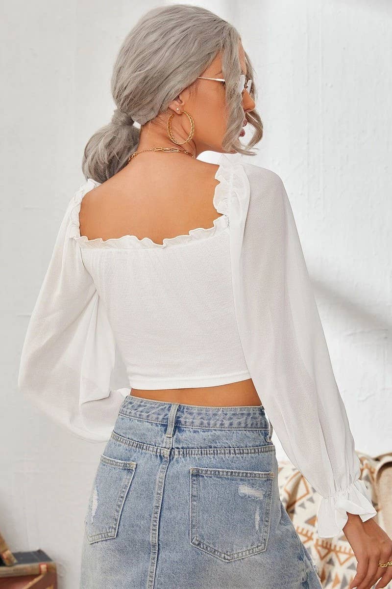 CWTBLL2261_SQUARE COLLAR RUFFLED LONG SLEEVE SHORT TOP