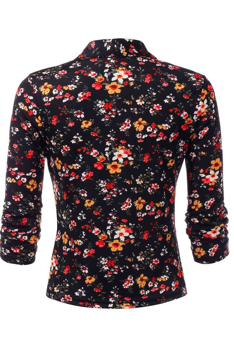 CWOBL091_Casual Work Ruched 3/4 Slv Open Front Blazer Jacket