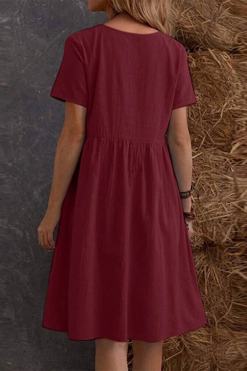 CWDSD8003_SUMMER RETRO LOOSE POCKET SOLID COLOR DRESS