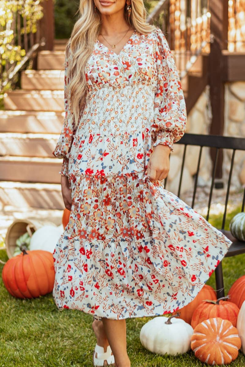 CWDMD4113_PRINTED V-NECK LONG-SLEEVED HIGH-WAISTED DRESS