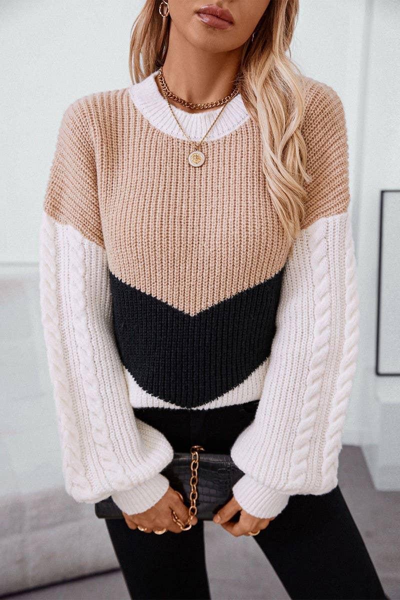 CWOSWL2877_CONTRAST CREW NECK LOOSE CABLE KNIT SWEATER