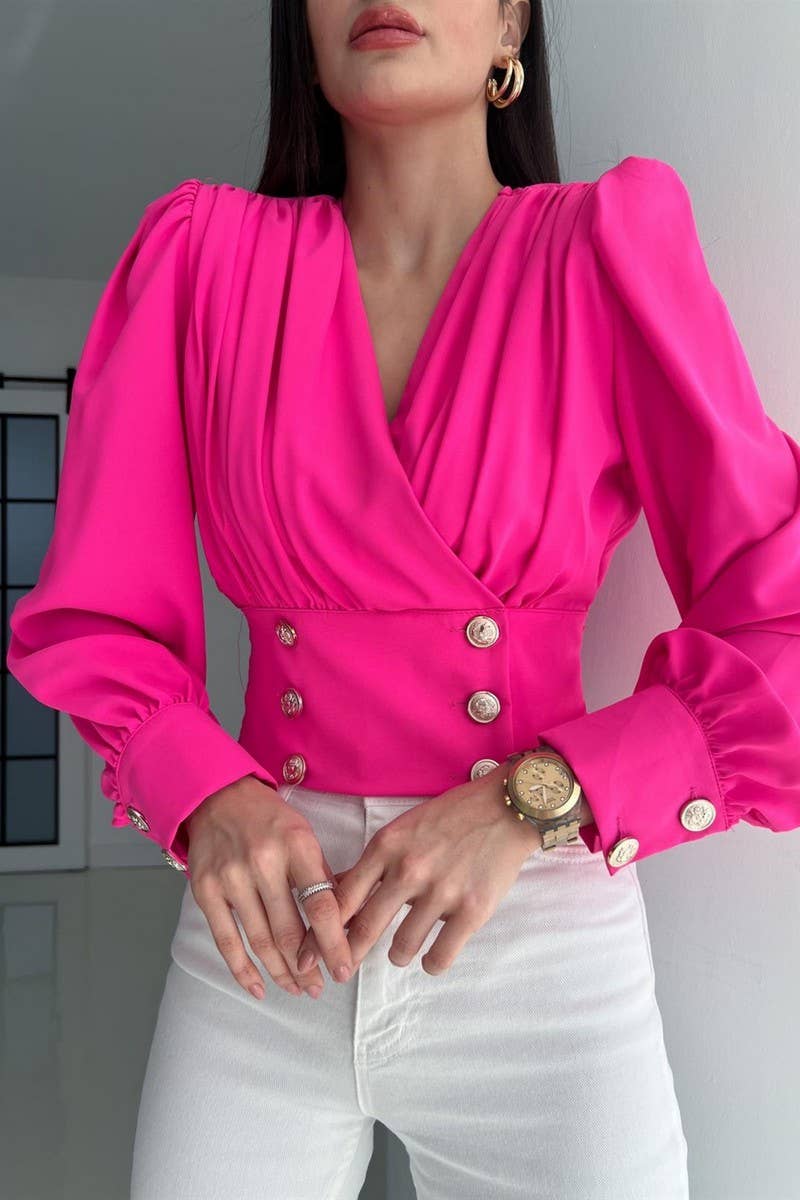 CWTBLL3693_V-NECK SEXY WAIST PUFF SLEEVE SOLID COLOR SHIRT