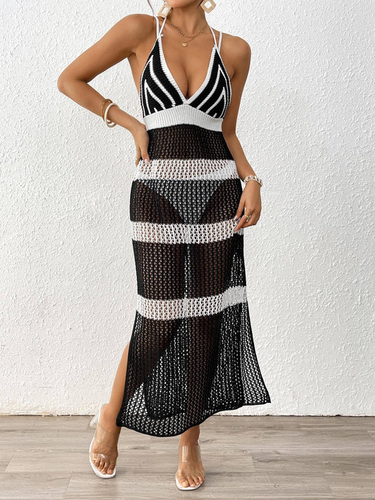 Deep V patchwork strap slim-fit blouse dress