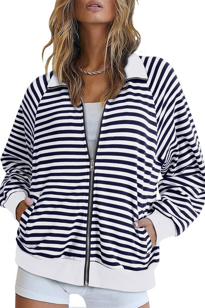 CWOCO0892_CASUAL STRIPED LAPEL CONTRAST ZIPPER SWEATSHIRT