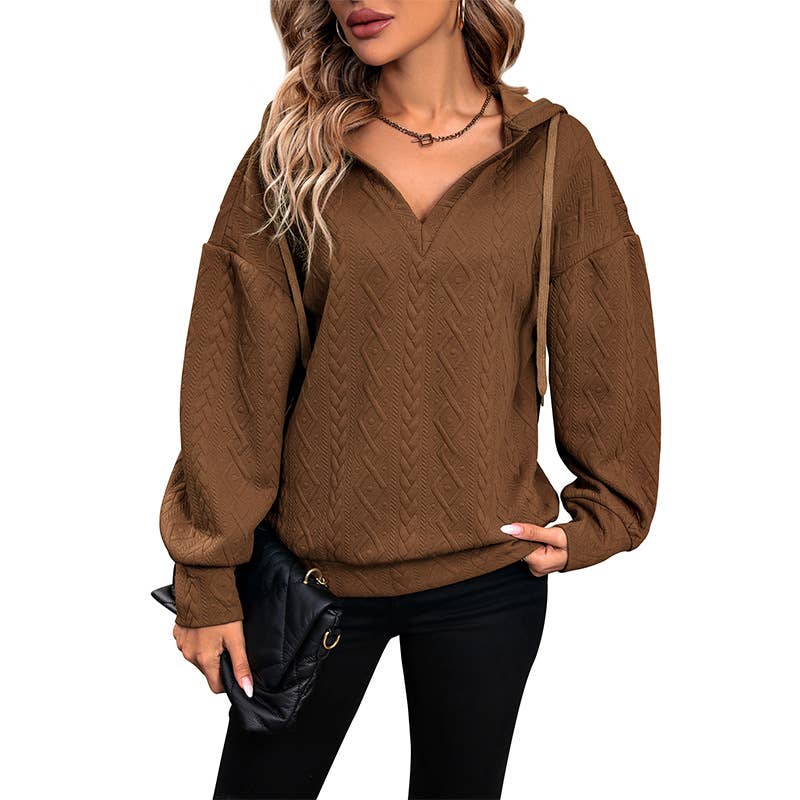 DRAWSTRING KNIT LOOSE SOLID COLOR V-NECK HOODIE