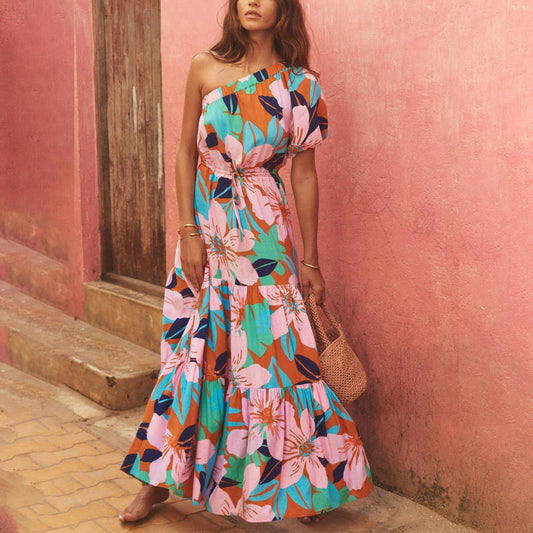 DIAGONAL SHOULDER HOLIDAY FLORAL DRESS_CWDMD1828