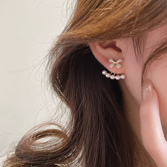SWEET PEARL INLAID BOW ONE PAIR TWO WEAR EARRINGS