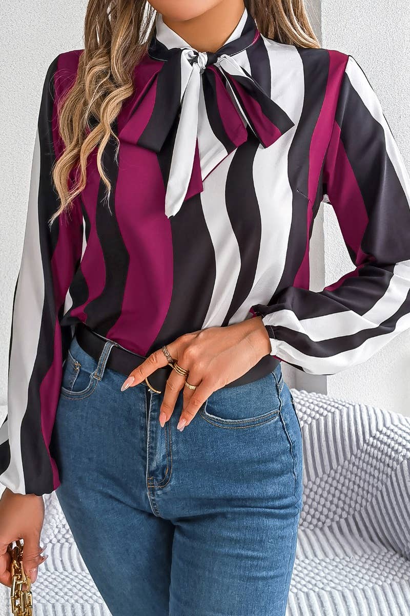 CWTSTL1207_LONG SLEEVE STRIPED LACE-UP CHIFFON SHIRT TOP